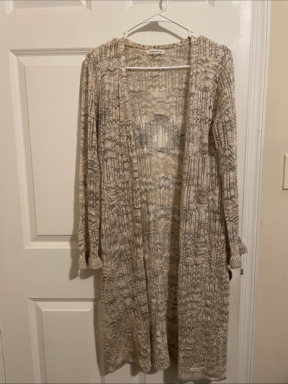 Hooked Up by IOT Marled Beige-Cream Open Knit Long Cardigan